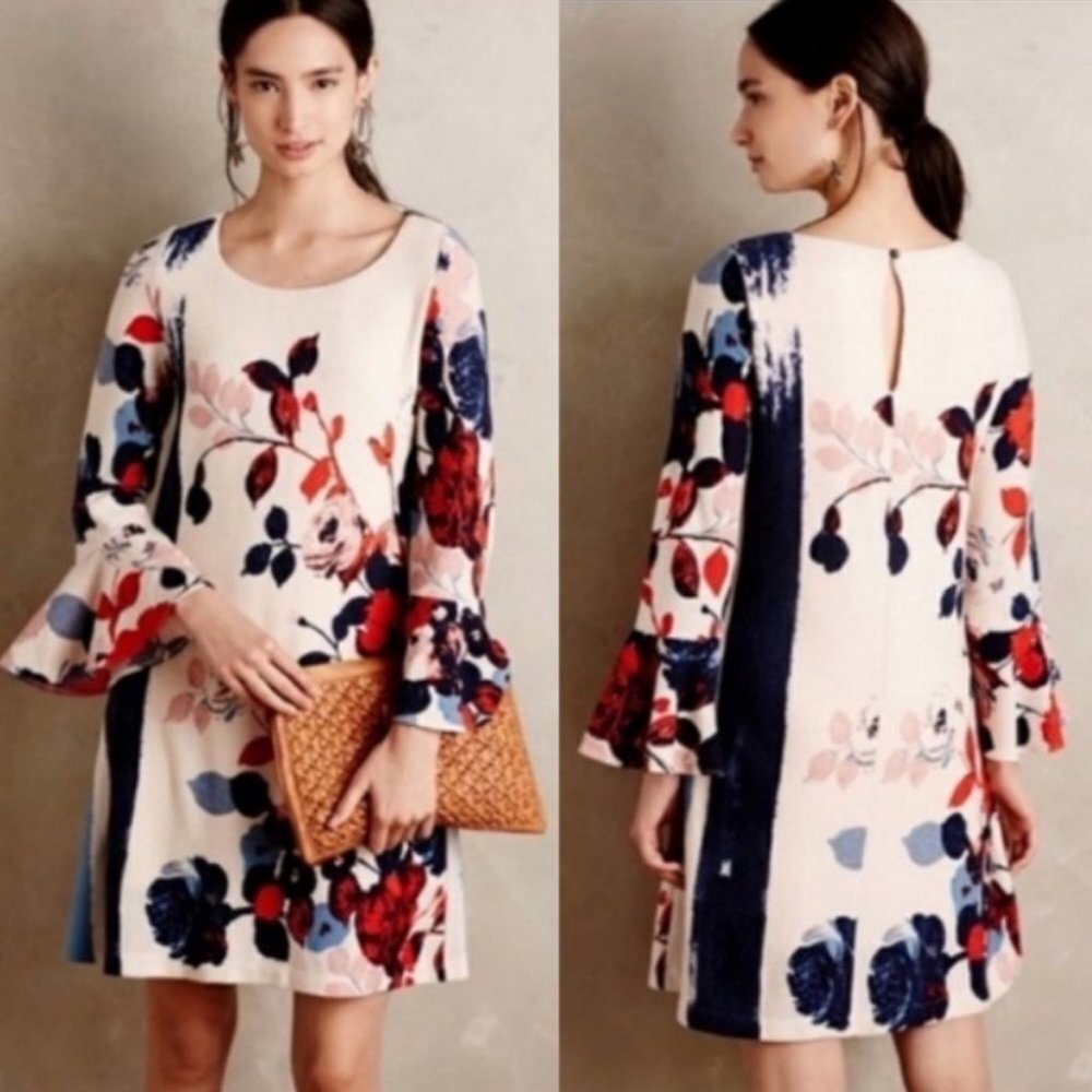 Anthropologie Maeve Floral Knit Bell‎ Sleeve Bohemian Dress XS Anthousai Hippie